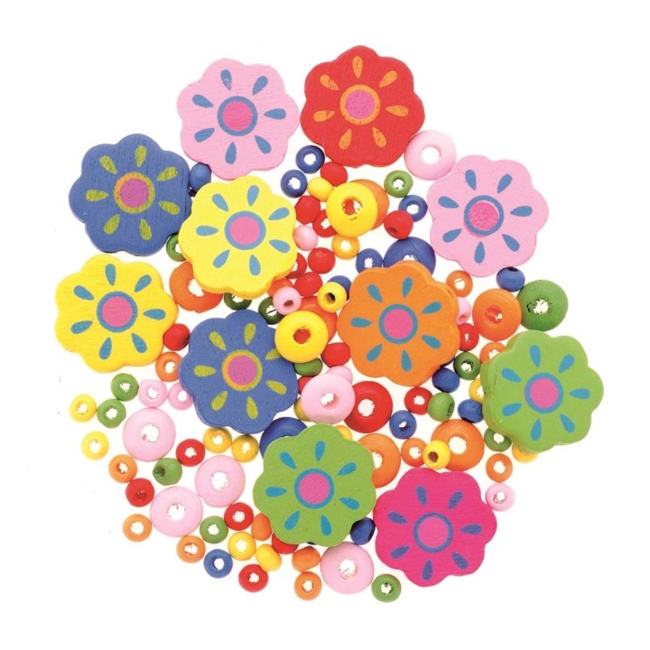 Holzperlen-Mix Blüten bunt 25 mm