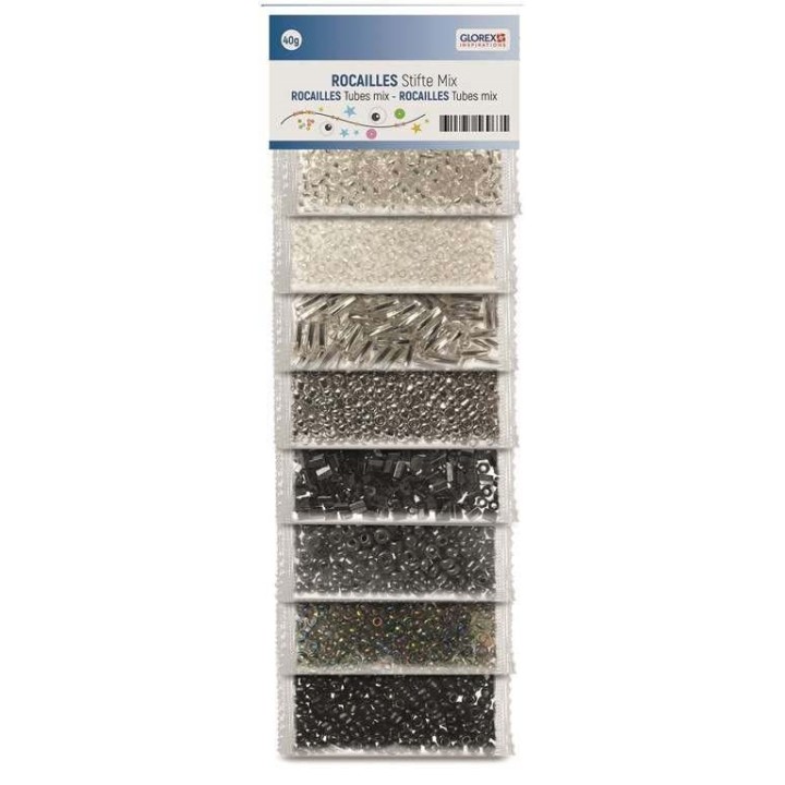 Rocailles/Stifte Mix, 8 Farben 40g weiss/silber/grau/schwarz-mix