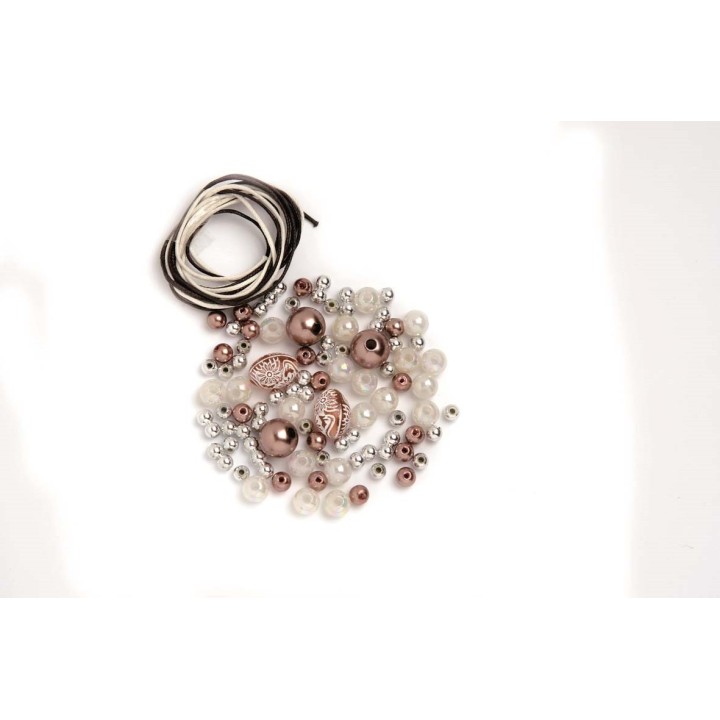 Perlen-Set braun-weiß-silber