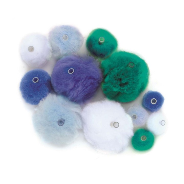 Acryl Pompons mit Öse ca 45 St blau mix