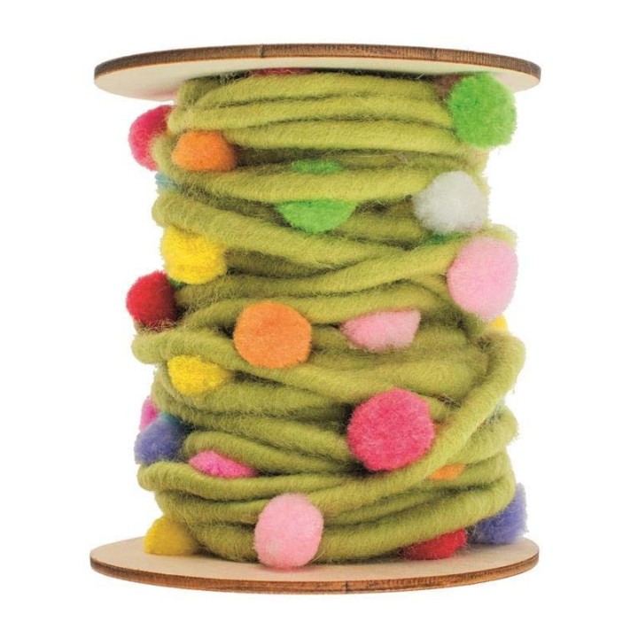 Filzkordel mit Pompons, grün 5M/Rolle