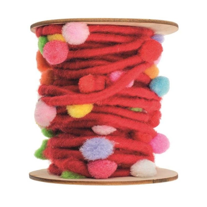Filzkordel mit Pompons, rot 5M/Rolle