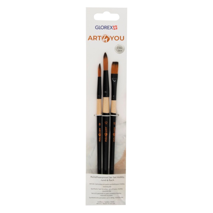 Pinceaux poils synthétiq. 3pcs Rond, T: 8,12 / Plat, T: 10