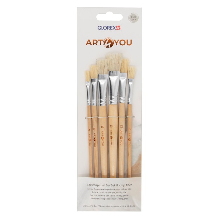 Pinceaux poils naturels 6pcs Plat, tailles: 4,6,8,12, 14,16