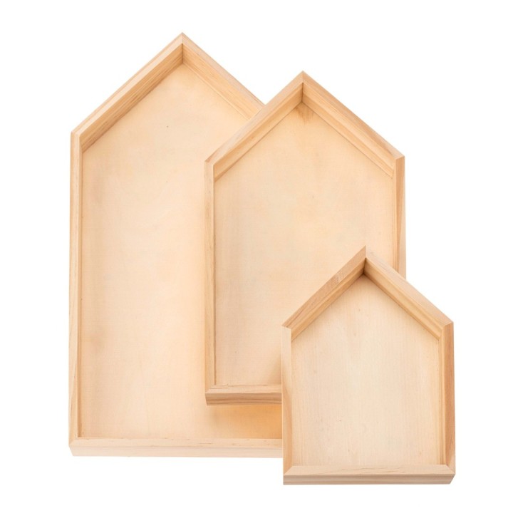 Holz-Tablett-Set 3-teilig, Haus 20x40 / 17x30 / 14x20 cm