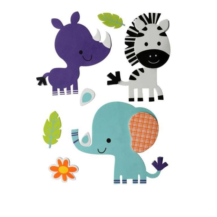 3D Moosgummi 8-teilig Zebra/Elefant Nashorn, 11x16cm selbstklebend