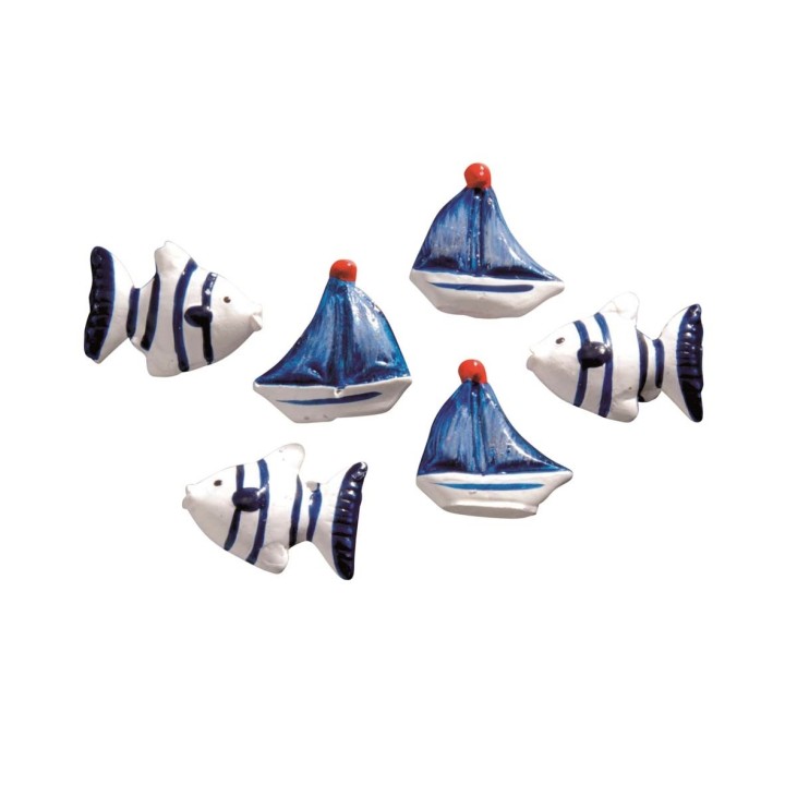 Streuteile Fische/Schiffe 6 Stück, blau/weiß
