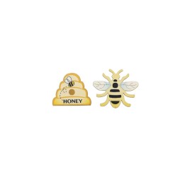 Wooden deco bees+hive, 8pcs assorted, 3,8x3,2x0,1cm
