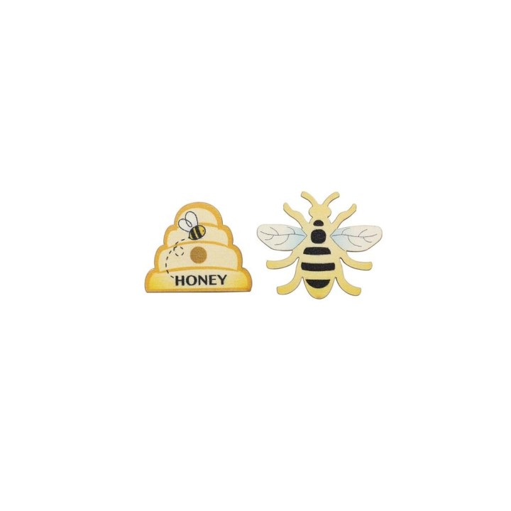Streuteile Bienen+Korb aus Holz, 8 Stück, sortiert, 3,8x3,2x0,1cm