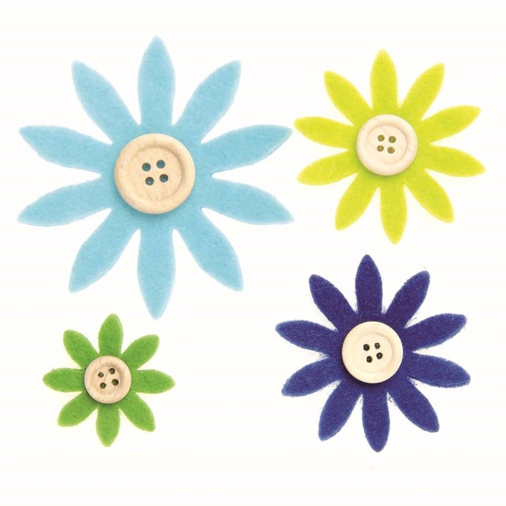 Filzblumen hellblau,dunkelblau,grün 12 Stück sortiert, 3,5-7cm