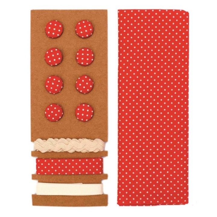 Kit textile rouge à pois 48x48cm, rubans 3x1m+8 boutons
