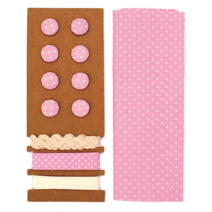 Textil-Set rosa gepunktet 48x48cm Bänder 3x1m 8 Knöpfe