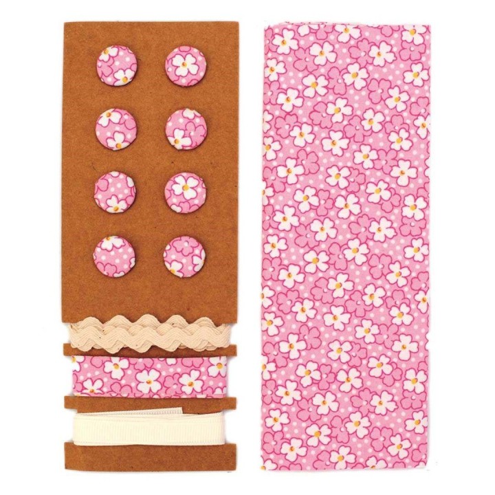 Textile set pink-white flowers 48x48cm,ribbons 3x1m,8 buttons