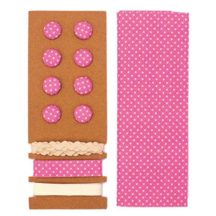 Kit textile fuchsia à pois 48x48cm, rubans 3x1m+8 boutons