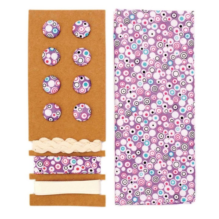 Textil-Set lila Kreise 48x48cm Bänder 3x1m 8 Knöpfe