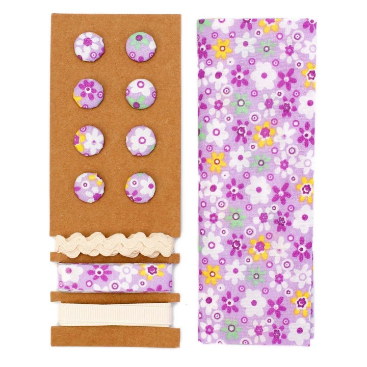 Textil-Set lila Blumen 48x48cm Bänder 3x1m 8 Knöpfe