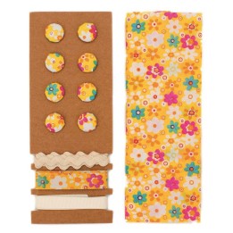 Textil-Set gelb Blumen 48x48cm Bänder 3x1m 8 Knöpfe