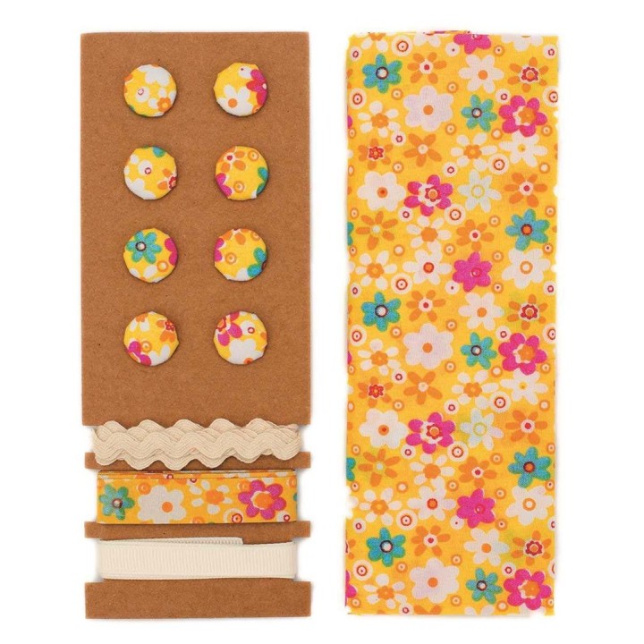 Kit textile fleurs jaune 48x48cm, rubans 3x1m+8 boutons