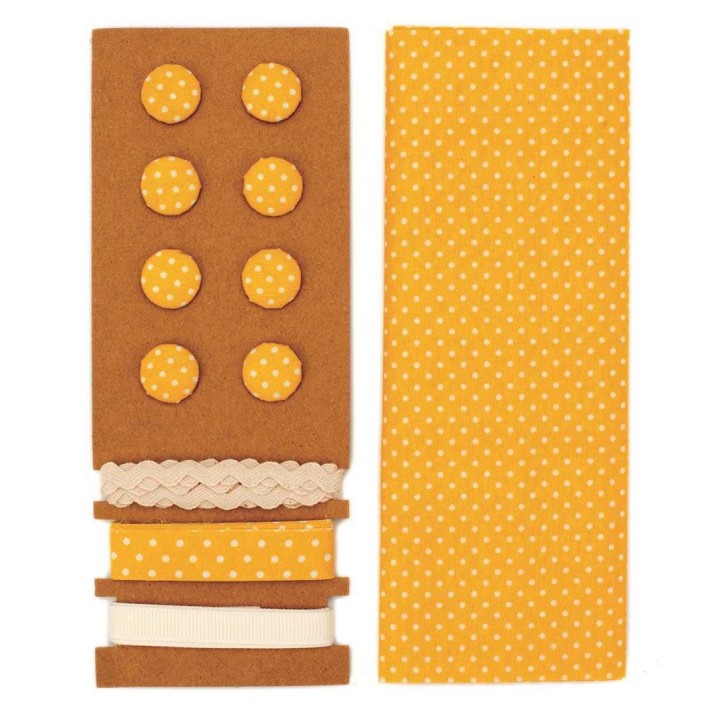 Kit textile jaune à pois 48x48cm, rubans 3x1m+8 boutons