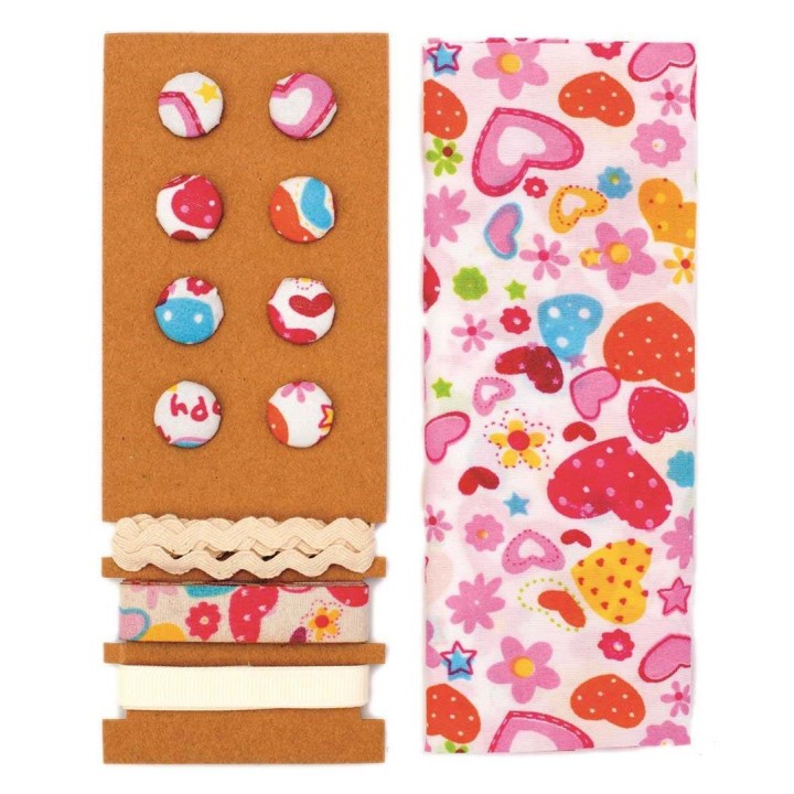 Textile set hearts multicolor 48x48cm,ribbons 3x1m,8 buttons