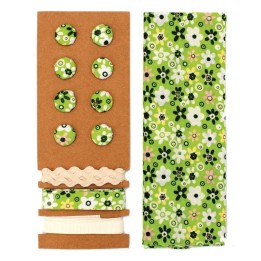 Textil-Set grün Blumen 48x48cm Bänder 3x1m 8 Knöpfe