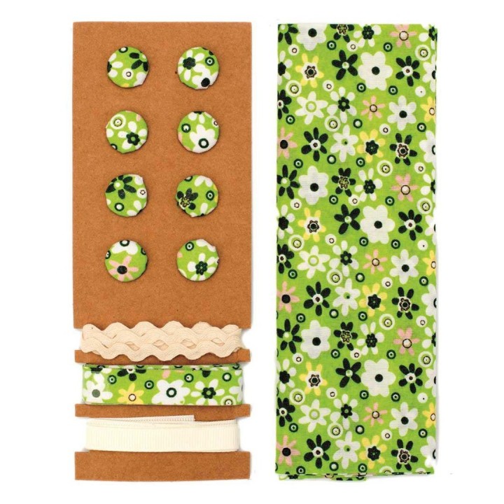 Kit textile fleurs vert 48x48cm, rubans 3x1m+8 boutons