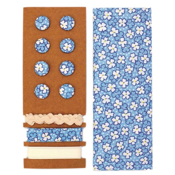 Textil-Set blau Blumen 48x48cm Bänder 3x1m 8 Knöpfe