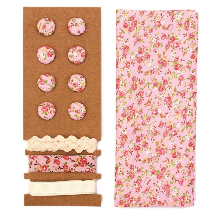 Textil-Set rosa Blumen 48x48cm Bänder 3x1m 8 Knöpfe