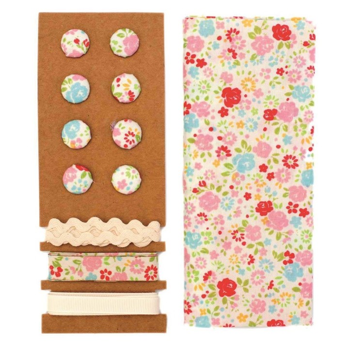 Textil-Set bunt Blumen 48x48cm Bänder 3x1m 8 Knöpfe