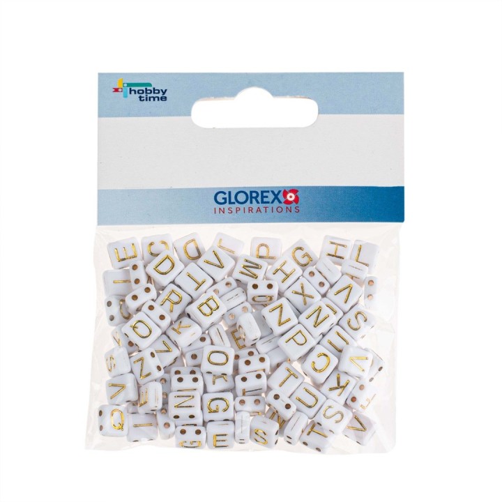 Kunststoffwürfel mit Loch Alphabet weiss/gold 110St