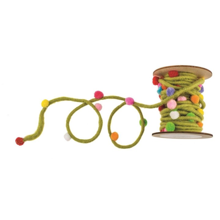 Cordon avec pompons vert rouleau de 5m