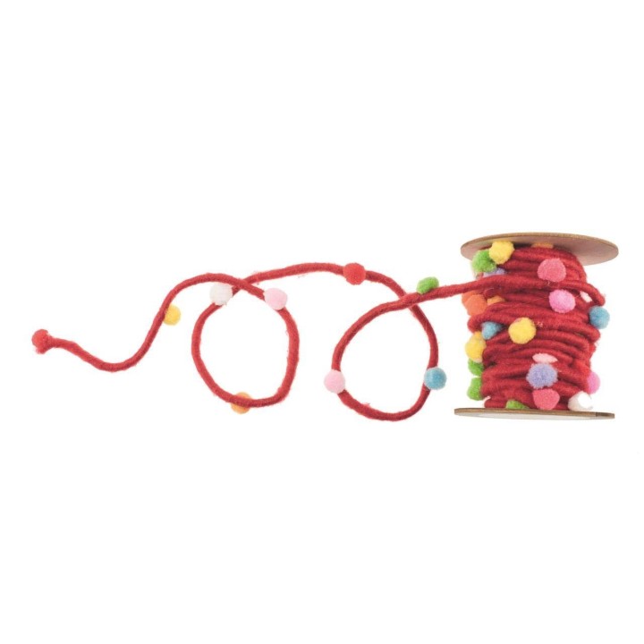 Cordon avec pompons rouge rouleau de 5m