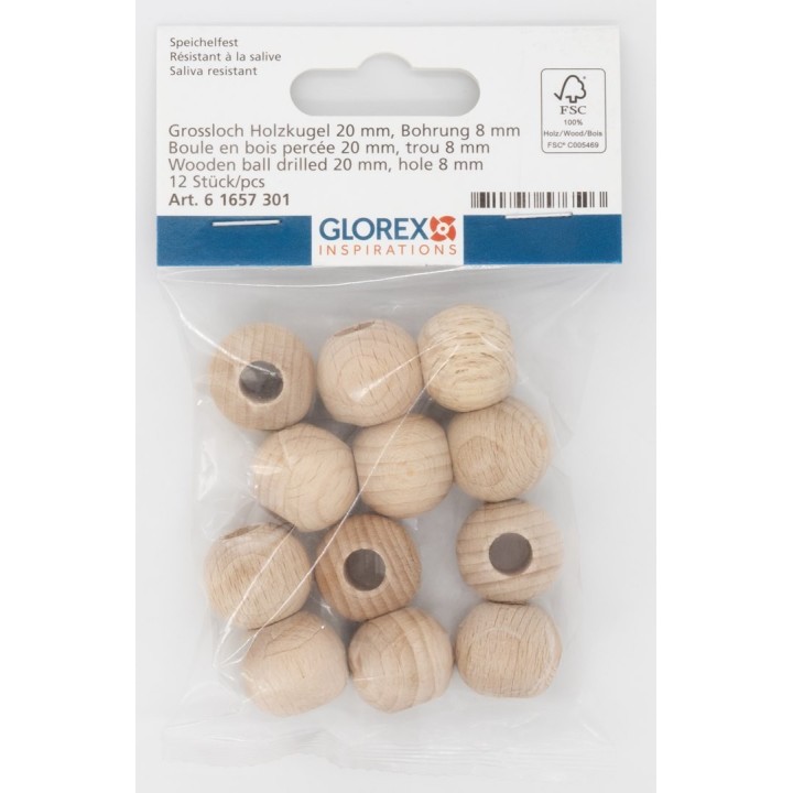 Boule en bois percée 20mm 12pcs FSC, trou 8mm