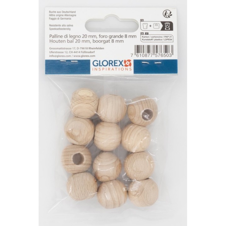 Grossloch Holzkugel 20mm 12 Stück FSC, Bohrung 8mm