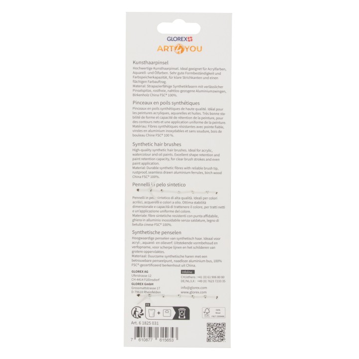 Pinceaux poils synthétiq. 6pcs Plat, tailles 1, 3, 6, 8,10,12