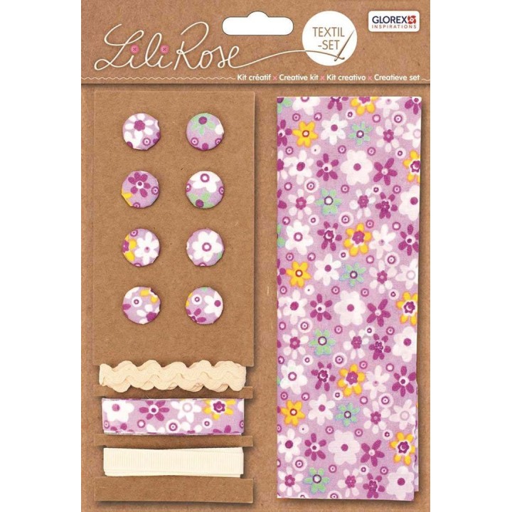 Textil-Set lila Blumen 48x48cm Bänder 3x1m 8 Knöpfe