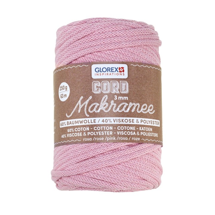 Makramee Cord 3mm 250g, gewebt rosa, 60% Coton, 40% viskose