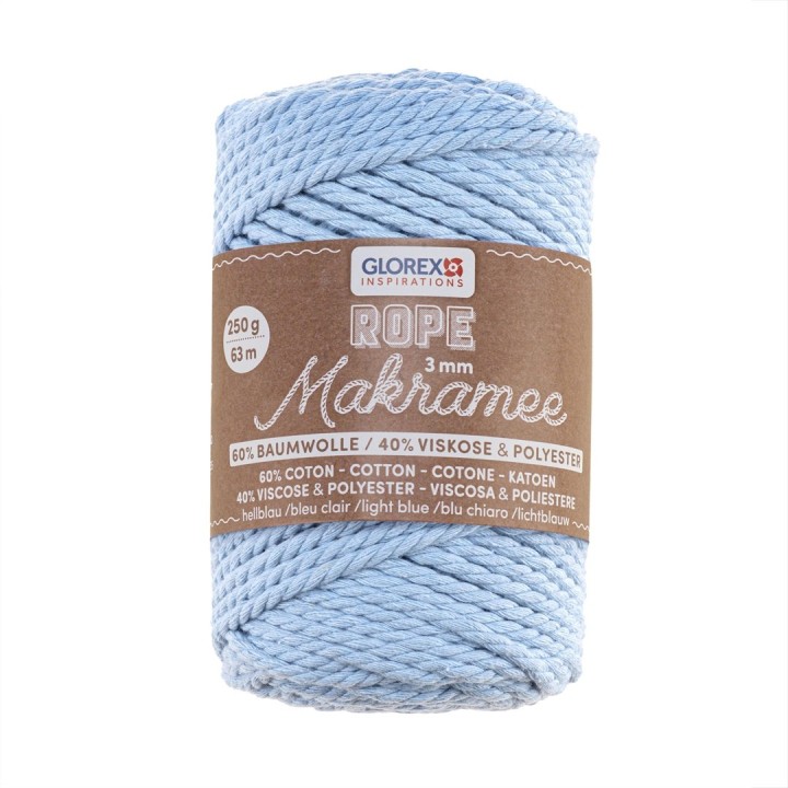 Makramee Rope 3mm 250g gedreht hellblau, 60% Cotton, 40% Vis.