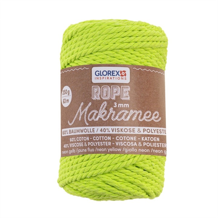 Makramee Rope 3mm 250g gedreht neon gelb, 60% Cotton 40% Vis.