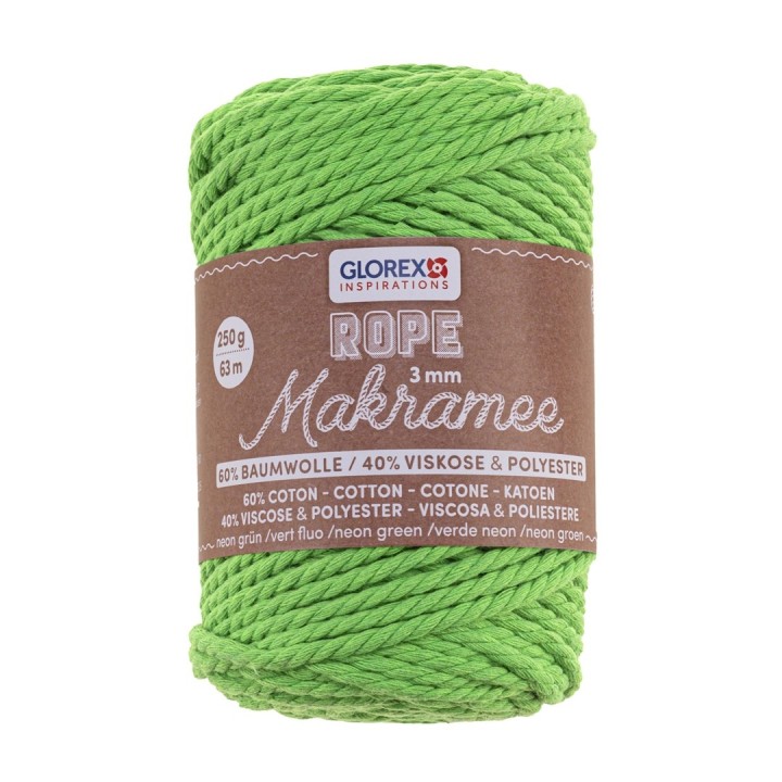 Makramee Rope 3mm 250g gedreht neon grün, 60% Coton, 40% Vis.