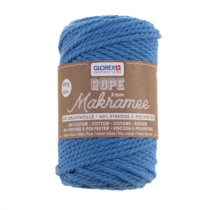 Makramee Rope 3mm 250g gedreht neon blau, 60% Coton, 40% Vis.