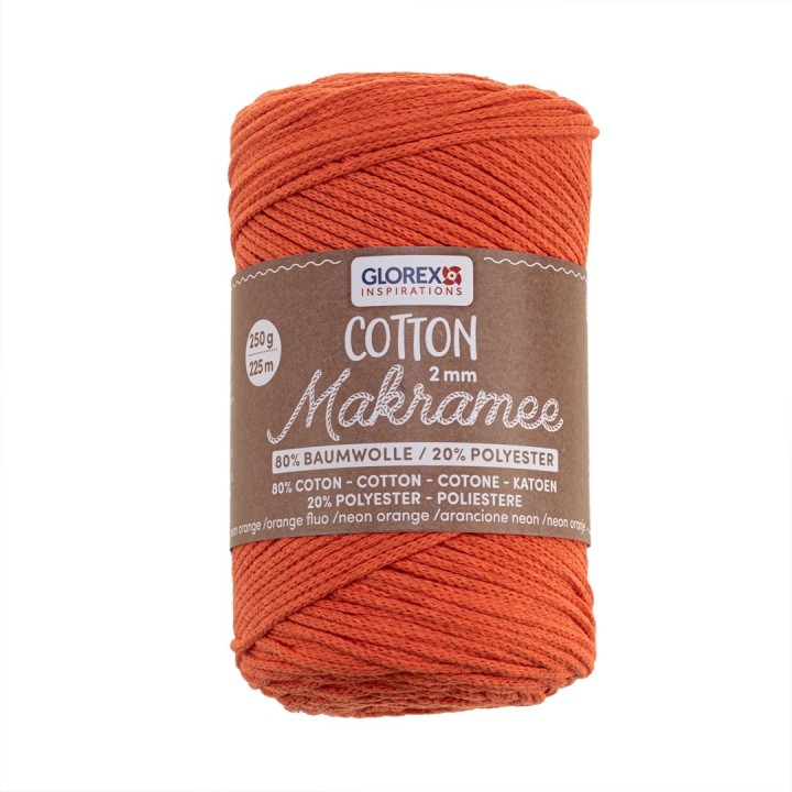 Makramee Cotton 2mm 250g neon orange,80% Coton,20% Vis.