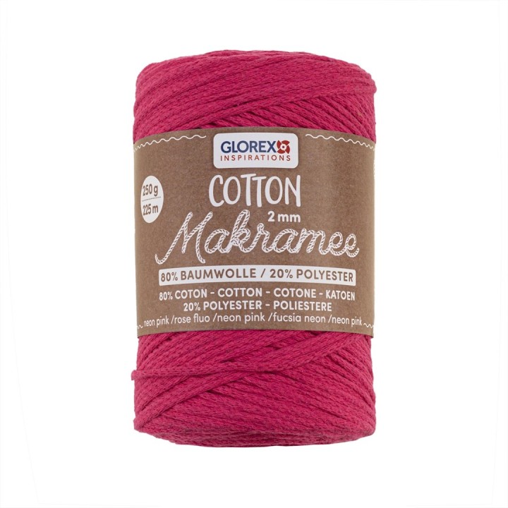 Makramee Cotton 2mm 250g neon pink, 80% Coton, 20% Vis.