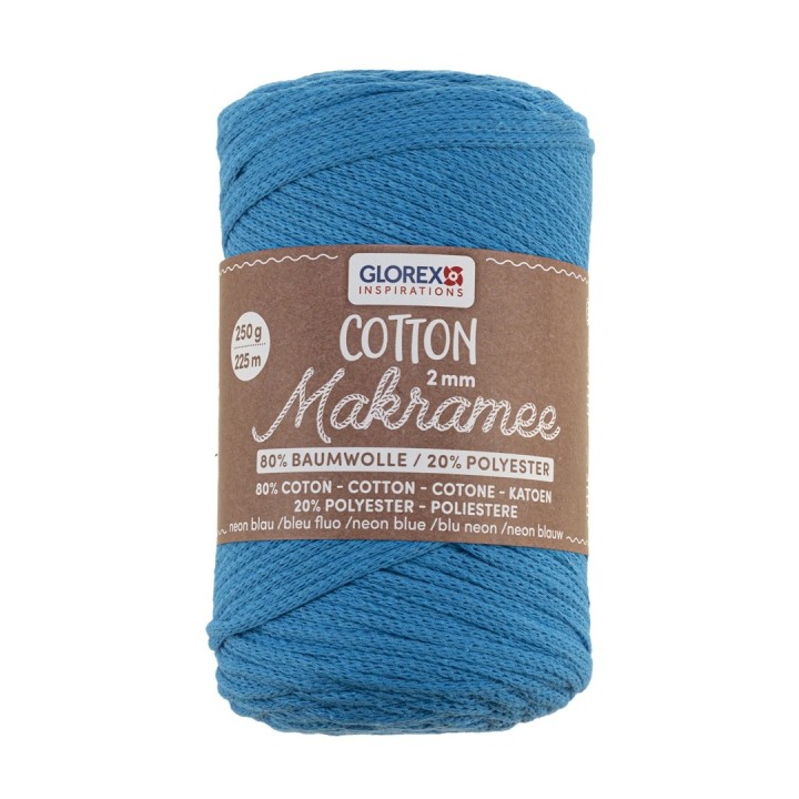 Makramee Cotton 2mm 250g neon blau, 80% Coton, 20% Vis.