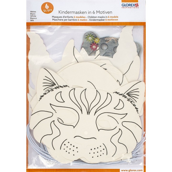 Kindermasken in 6 Motiven 6 Stück, weiss, sortiert