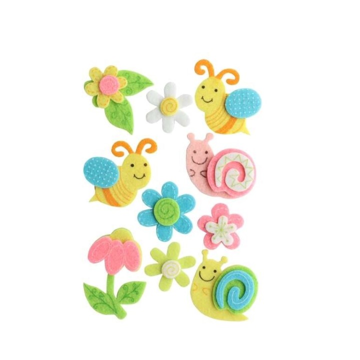 3D Filz, 10-teilig Schnecke/Biene Blume, 5x4,5cm, selbstklebend