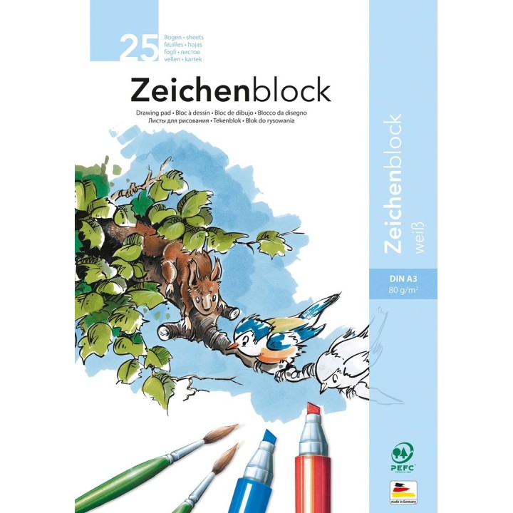 Bloc à dessin 80g/m2, DIN A3 25 feuilles, blanc