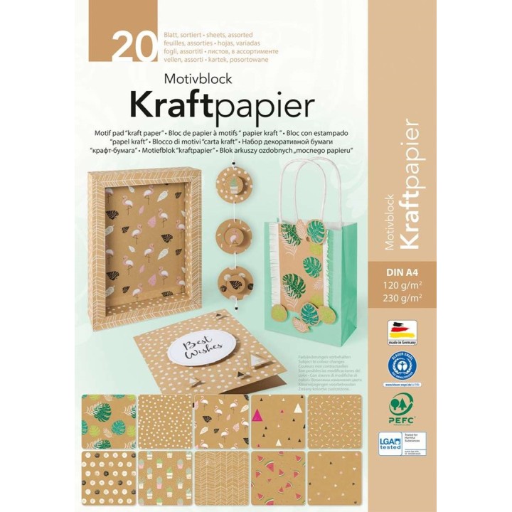 Bloc papier à motifs kraft A4 20 feuilles assorties